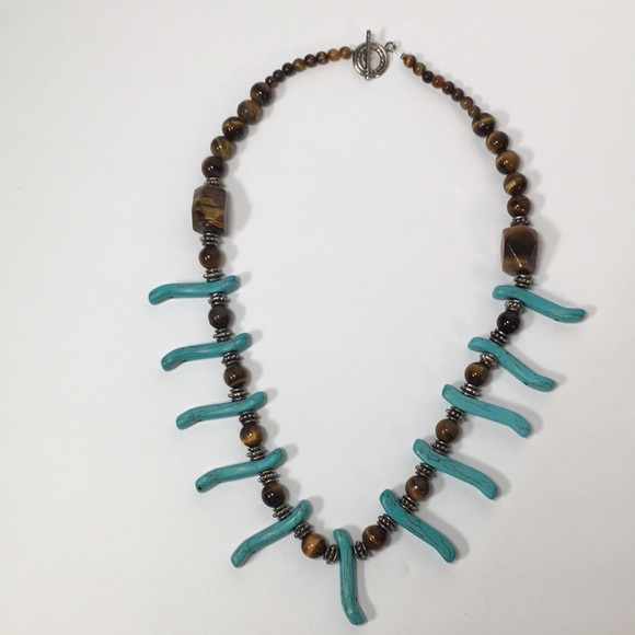 Beautiful Turquoise Colored Howlite and Tiger Eye Beaded Necklace for Women - Picture 7 of 7